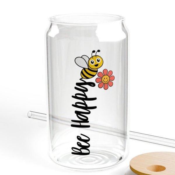 Bee Happy Glass Tumbler, Be Happy, Bee Tumbler, Iced Coffee Glass, Lid And Straw, Bee, Bee Gift, Happy Gift, Bee Happy Gift, Mug, Glass