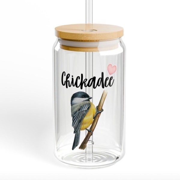 Chickadee Glass, Iced Coffee Glass, Chickadee, Chickadees, Chickadee Gift, Straw, Beer Can Glass, Tumbler, Glass, Cup, Gift, Gifts, Cups