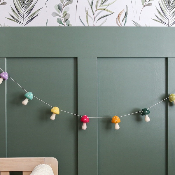 Nursery decor mushroom | Colourful mushroom felt garland | Kids party decor boho mushroom felt banner | Felt mushroom garland