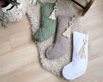 Linen Blend Bohemian Christmas Stocking | Neutral Christmas Decorations | Earth Toned Christmas | Neutral Stockings