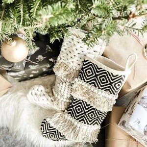 Bohemian stockings Christmas decorations neutral christmas decor earth toned christmas neutral stockings Christmas stocking zdjęcie 1