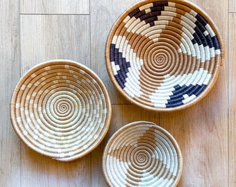 Tan & White Sisal Wall Baskets | Wall Basket Decor | Handwoven Boho Wall Decor | African Wall Baskets | Set of Three | Wall Basket Set