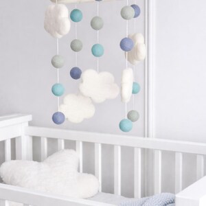 Handmade baby nursery decor, blue and white cloud mobile, crib decoration, changing table decoration felt, baby shower gift