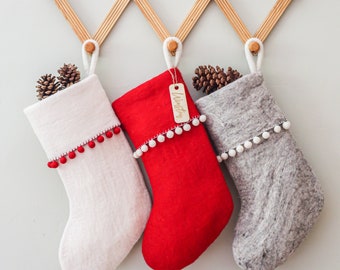 Customized Traditional Christmas Stocking | Christmas Decorations | Red Christmas Decor | Christmas Pom Pom Stockings | Xmas