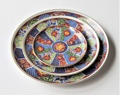 Vintage Imari Ware blue, rust, and green decorative plates, three plates in differing sizes, Asian décor, cottage décor, traditional decor