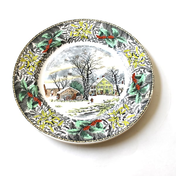 Adams China Winter Scenes Series dinner plate, “Winter in the Country A Cold Morning,” N Currier lithograph of farmyard, winter decor