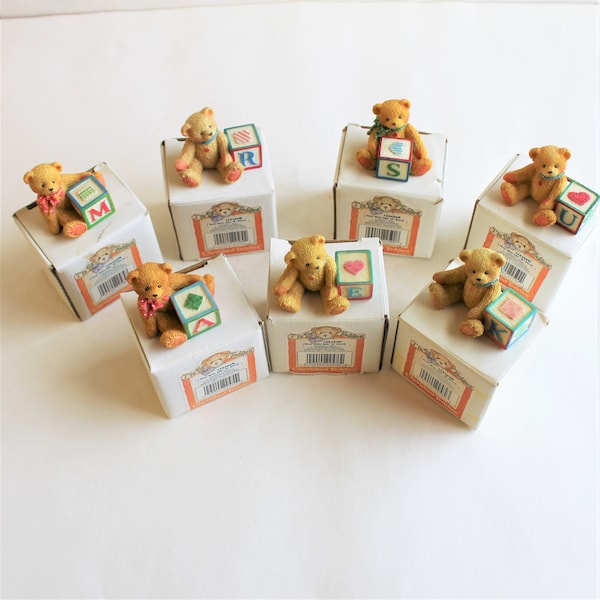 1995 Enesco Cherished Teddies Bears with ABC letters, letters A, E, K, M, R, S, U, baby shower favors, nursery décor, baby photo prop