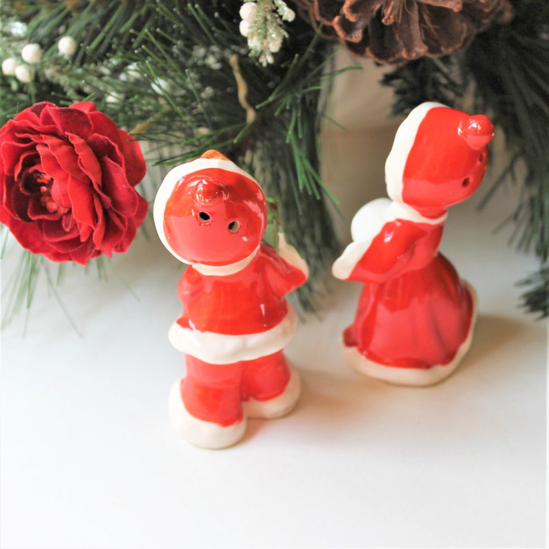 Christmas entertaining Christmas d\u00e9cor secret Santa gift 1960s Norcrest Christmas boy and girl salt and pepper shaker set