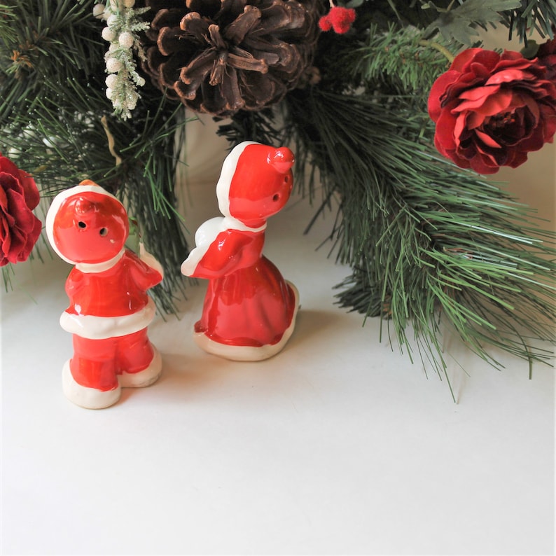 Christmas entertaining Christmas d\u00e9cor secret Santa gift 1960s Norcrest Christmas boy and girl salt and pepper shaker set