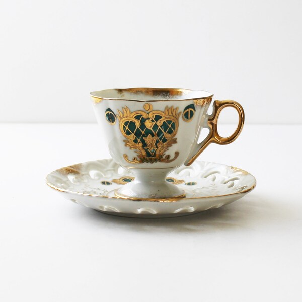 Vintage Lefton China cup and saucer, KF 2684N, gold and green medallion, pedestal cup, cottage décor, high tea, bridal shower