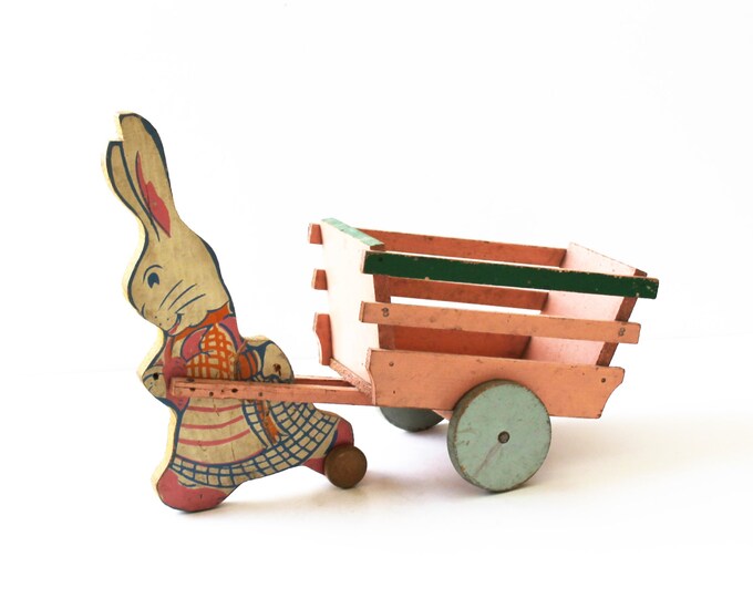 Vintage Wooden Rabbit Pulling Cart, Hand Painted Rabbit, Pink Cart With Blue Wheels, Easter