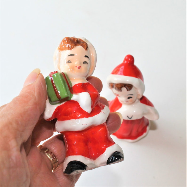 Christmas entertaining Christmas d\u00e9cor secret Santa gift 1960s Norcrest Christmas boy and girl salt and pepper shaker set