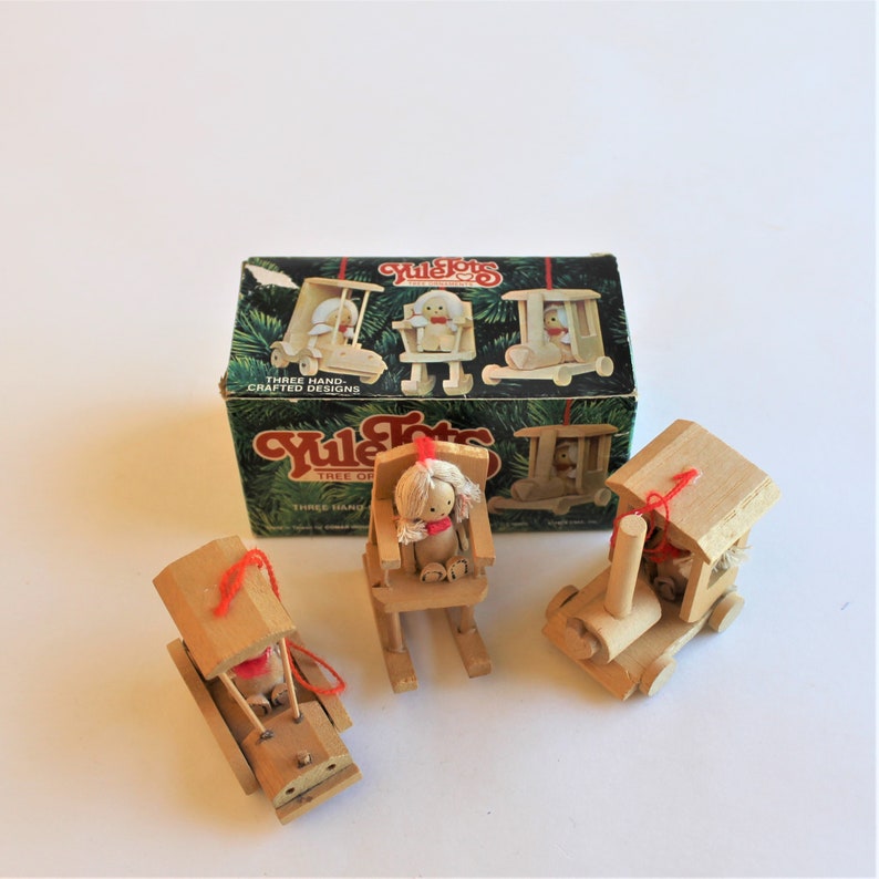 1980s Yule Tots Tree Ornaments set of 3 wooden ornaments in image 0