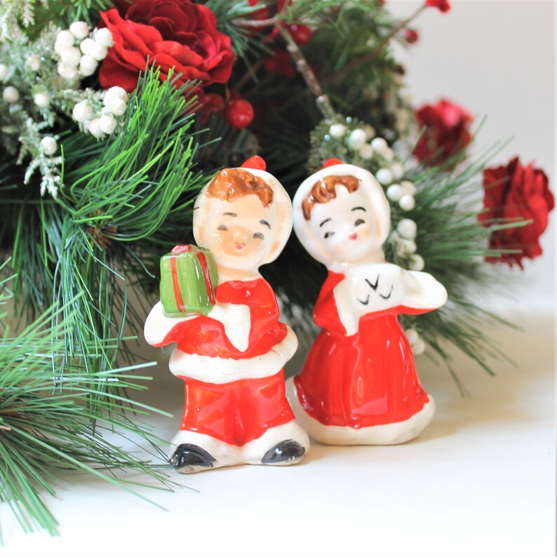 Christmas entertaining Christmas d\u00e9cor secret Santa gift 1960s Norcrest Christmas boy and girl salt and pepper shaker set