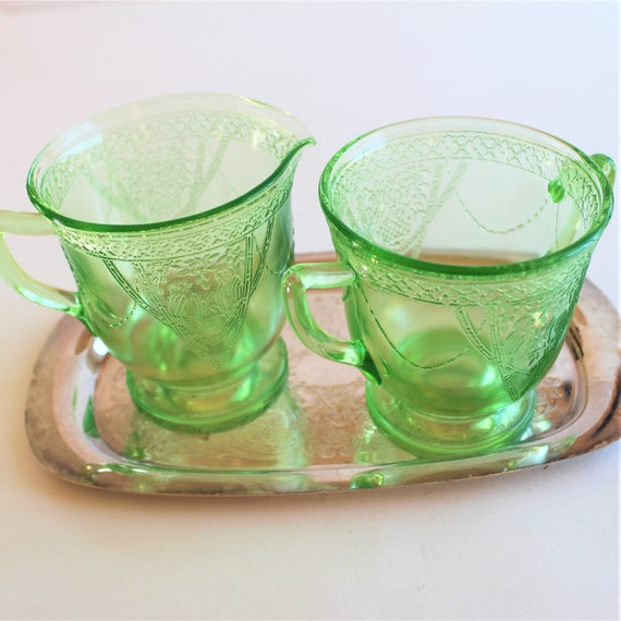 Green Parrot Depression Glass Cup and Saucer Set 