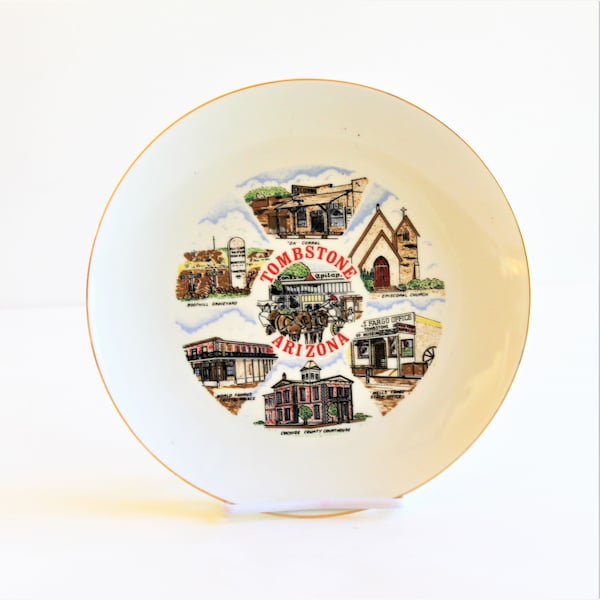 Vintage Tombstone Arizona souvenir travel plate with gold on rim, collector plate, travel souvenir, famous places of America, Western decor