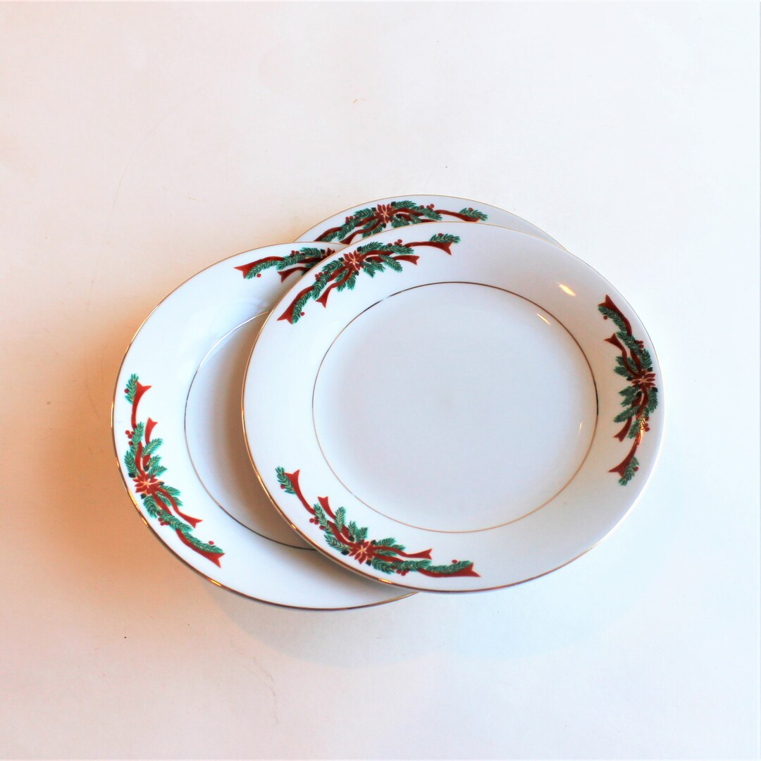 POINSETTIAS & RIBBONS Fine China Dessert Plates, 3 Plates, Gold