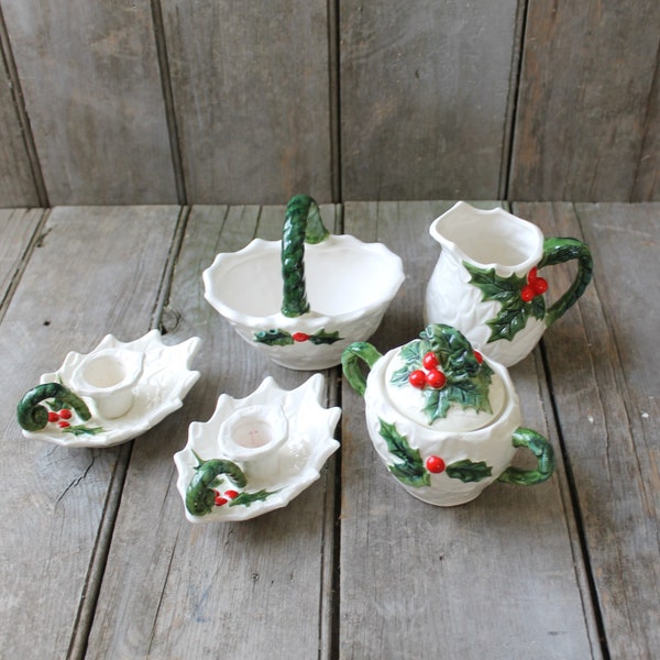 White Holly by Lefton, Christmas collection, cream and sugar set, basket candy dish, candle holder pair, green holly, red berries, Christmas