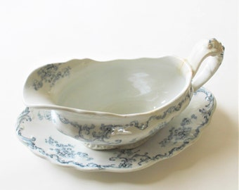 Antique JH Weatherby blue and white china gravy bowl and drip plate, AVONDALE (Blue) pattern, cottage décor, cottage dishware