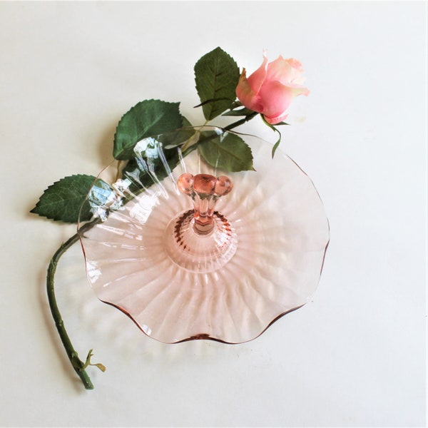 Pink depression glass tidbit server with center handle, tri-lobe handle, gently ruffled rim, paneled detailing, bridal shower,  baby shower