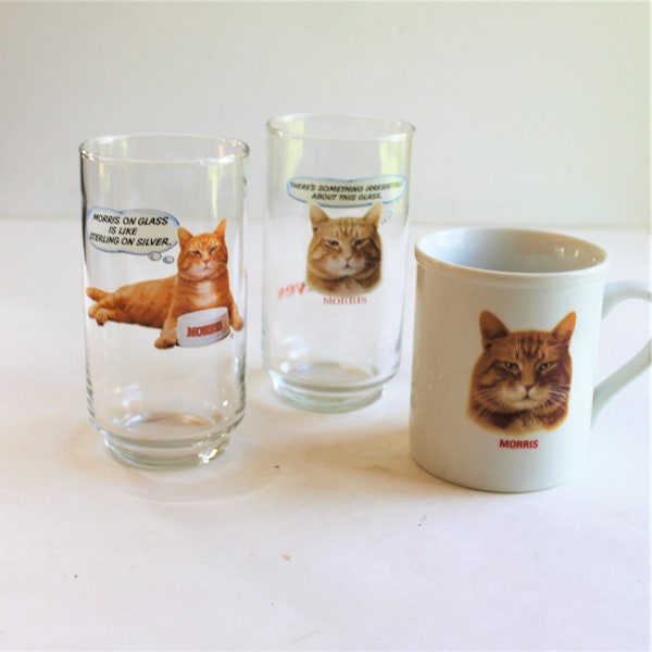 1980s Morris the Cat memorabilia, 2 water glasses, 1 coffee mug, 9-Lives promotional items, gift for cat lover