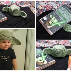 May include: A light green crocheted hat featuring two large, pointed ears extending from the sides. The hat is designed to resemble a fictional creature and is shown both on its own and worn by a child wearing a black t-shirt with white text.