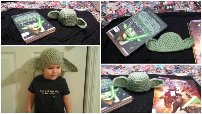 May include: A light green crocheted hat featuring two large, pointed ears extending from the sides. The hat is designed to resemble a fictional creature and is shown both on its own and worn by a child wearing a black t-shirt with white text.