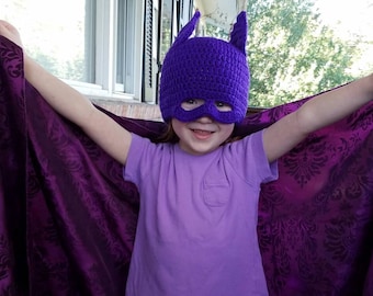 Crochet Purple Superhero Batgirl Mask Hat – Beanie with Attached Mask for Preemies to Adults