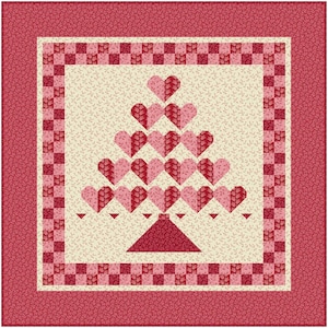 May include: A quilted wall hanging featuring a tree composed of pink and red hearts. The tree sits on a red triangular base. The background is cream-colored with a floral pattern, framed by a red and pink checkered border.