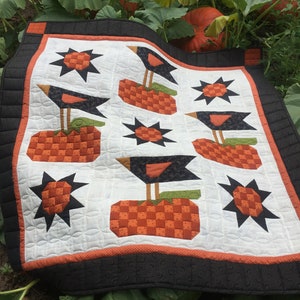 Könnte beinhalten: Eine weiße Steppdecke mit schwarzem Rand und einem sich wiederholenden Muster aus schwarzen Vögeln, die auf orangefarbenen Kürbissen mit schwarzen Sternen sitzen. Die Steppdecke liegt auf dem Boden vor einem Feld mit grünen Kürbispflanzen.