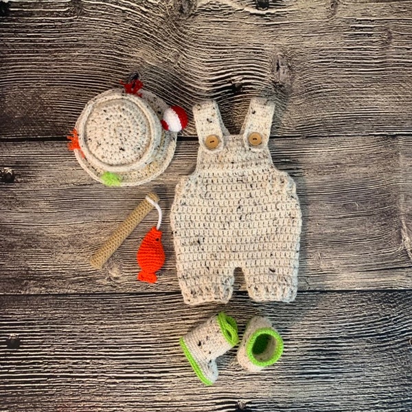 Newborn baby boy girl Fisherman Outfit Hat Overalls, Fishing Pole and boots. Baby shower gift Summer fishing outfits. Newborn romper .