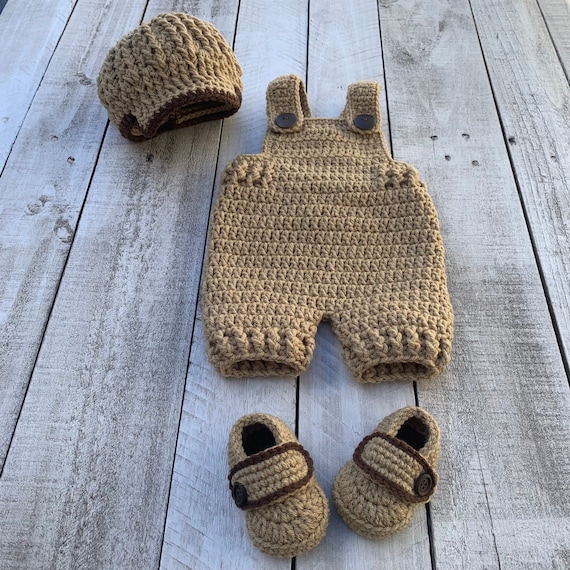 Newborn Baby Crochet Overalls With Newsboy Cap and Booties. Baby