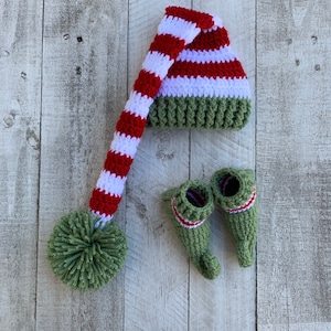 Newborn Baby Boy Girl Elf hat and Booties Christmas gift set Christmas photo prop newborn outfits Sleep hat Crochet Knit set Clothes