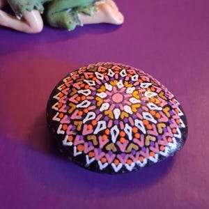 Small-Med Hand Painted Alchemy Stone with Pink, Purple, Orange, White and Gold Complex Mandala Design