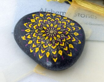 Medium Hand Painted Mandala Stone with Yellow, Maroon and Gold Design by Alchemy Stones