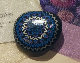 Hand Painted Mandala Stone with Blue, Violet and Silver Design by Alchemy Stones