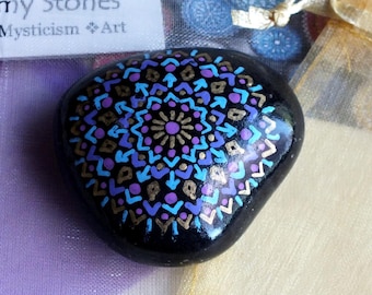 Hand Painted Mandala Stone with Turquoise, Purple and Gold Design by Alchemy Stones