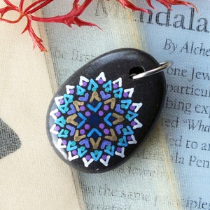 Smaller Hand Painted Alchemy Stone Jewelry Pendant with Blue, Purple White and Gold Mandala Design