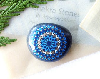 Smaller Hand Painted Alchemy 3rd Eye Chakra Stone with Indigo & Gold Star Mandala Design