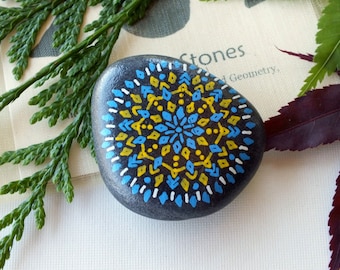 Medium Hand Painted Alchemy Stone with Blue, Yellow & White Sacred Geometry Starburst Mandala Design