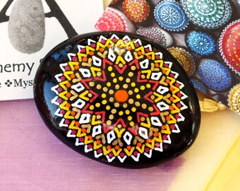 Hand Painted Alchemy Amplification Stone with Yellow, Orange, Red, Gold & White Compass Mandala Design