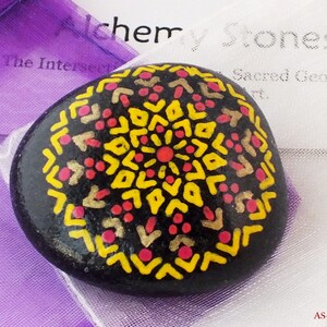 Smaller Hand Painted Alchemy Stone with Red, Yellow & Copper Complex Star Mandala Design