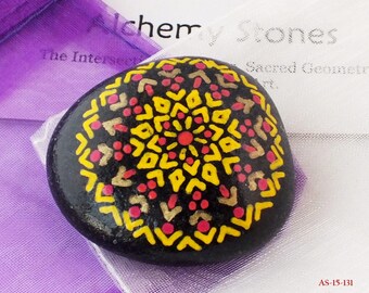 Smaller Hand Painted Alchemy Stone with Red, Yellow & Copper Complex Star Mandala Design