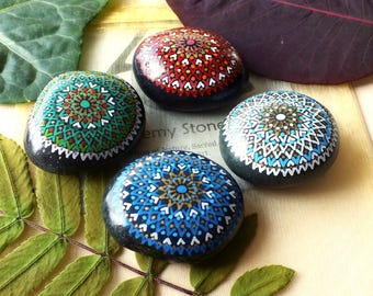 Medium Hand Painted 4pc Alchemy Stone Travel Altar Set with Complex Mandalas, Bag and Descriptions