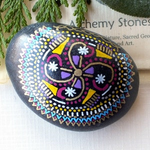 Medium Sized Hand Painted Experimental Alchemy Stone with Multicolor Pinwheel and Mandala Design