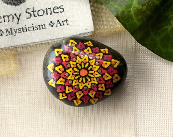 Petite Hand Painted Alchemy Stone with Red, Orange, Yellow & Gold Complex Mandala Design
