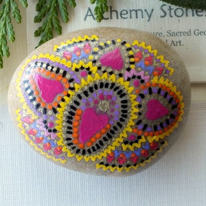 Medium Sized Hand Painted Experimental Alchemy Stone with Hearts and Multiple Circles