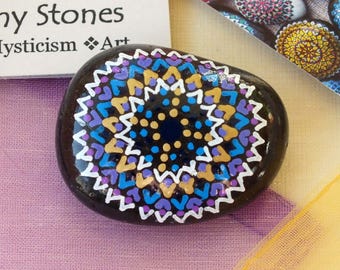 Small Hand Painted Alchemy Amplification Stone with Blue, Violet, Gold & White Compass Mandala Design