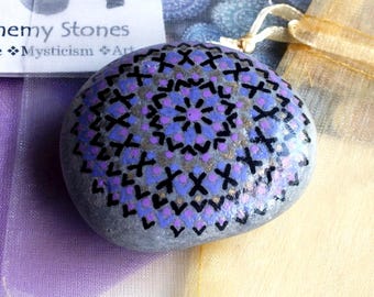 Hand Painted Mandala Stone with Black, Purple and Gold Design by Alchemy Stones