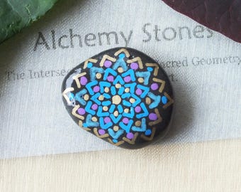 Petite Hand Painted Alchemy Stone with Turquoise, Blue, Purple & Gold Complex Mandala Design